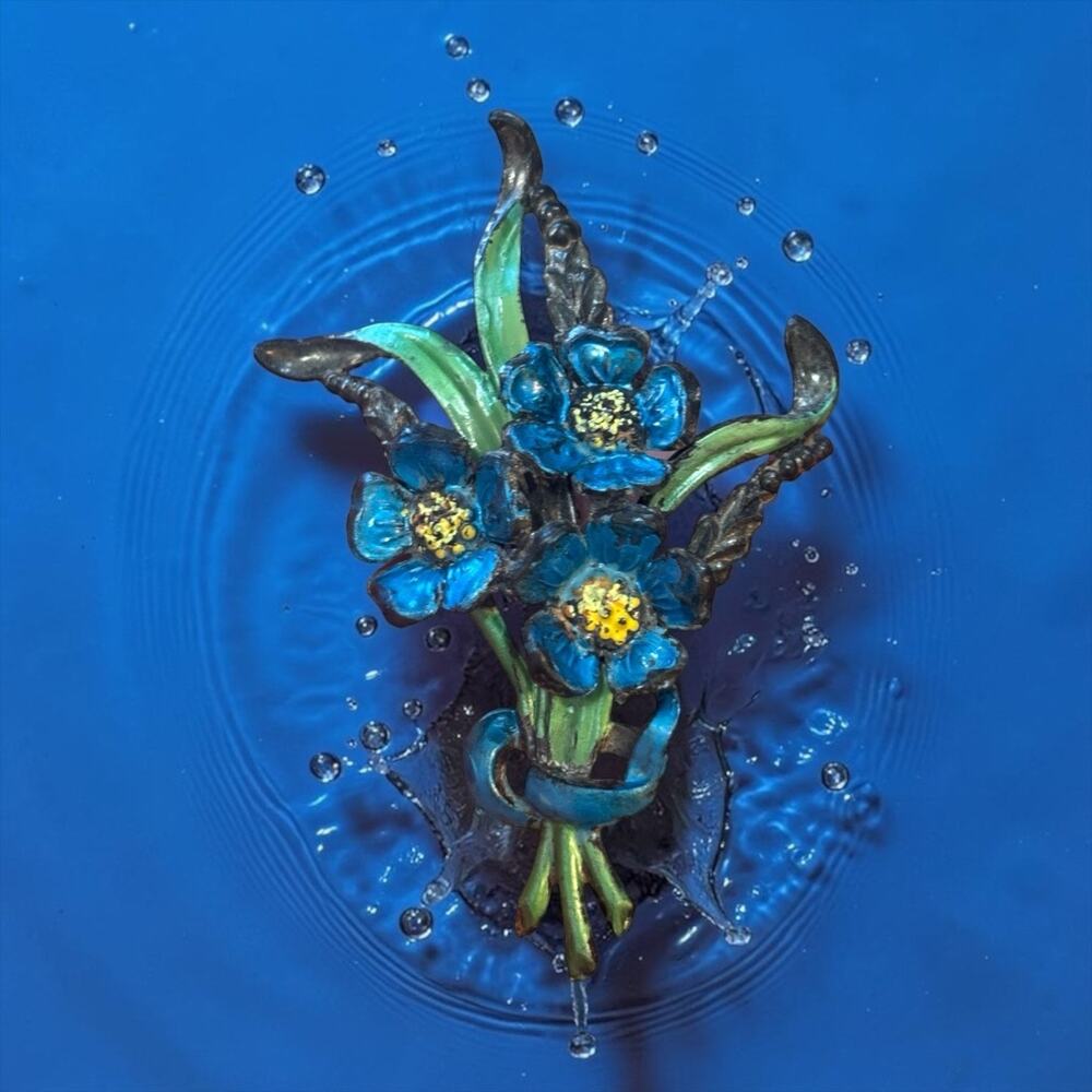 Art Deco Blue Flower Brooch Early Plastic Enamel Bouquet Machine Age 1930s